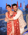 Red Organza Embroidered Saree With Unstitched Blouse (Ft:-Neha Bijlani)