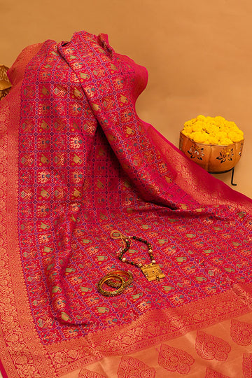 Rani Banarasi Woven Zari Silk Saree With Unstitched Blouse