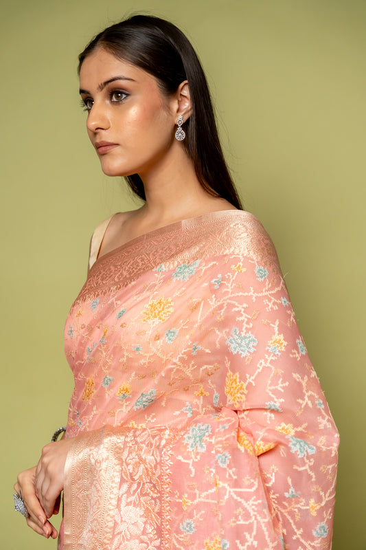 Peach Banarasi Woven Zari Cotton Saree With Unstitched Blouse