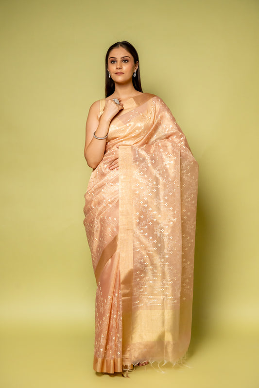 Peach Banarasi Woven Zari & Threadwork Cotton Saree With Unstitched Blouse