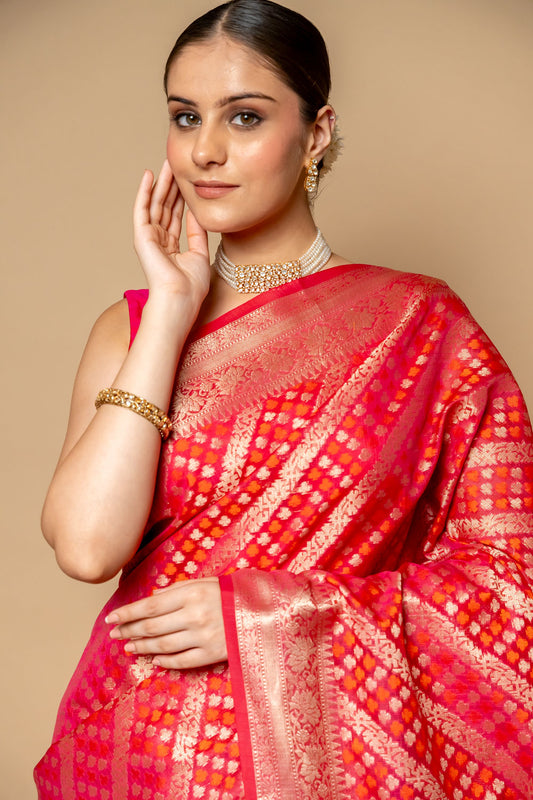 Maroon Banarasi Woven Zari Cotton Saree With Unstitched Blouse