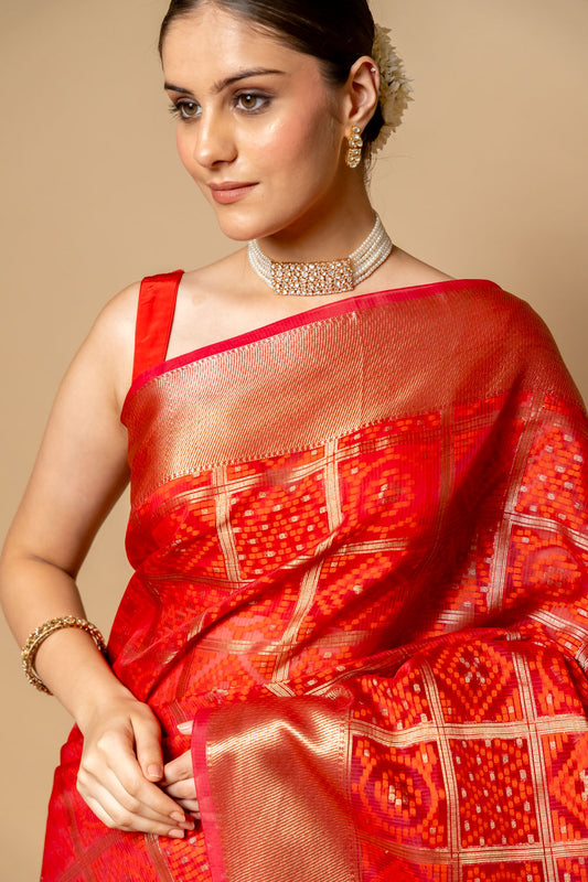 Maroon Banarasi Woven Zari Cotton Saree With Unstitched Blouse