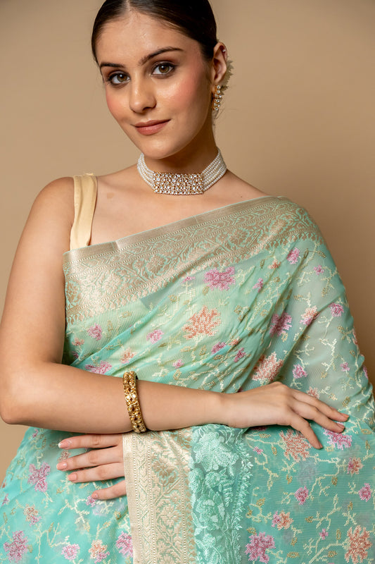 Tea Green Banarasi Woven Zari Cotton Saree With Unstitched Blouse