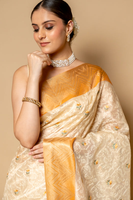 Tussar Banarasi Woven Zari & Threadwork Tissue Saree With Unstitched Blouse