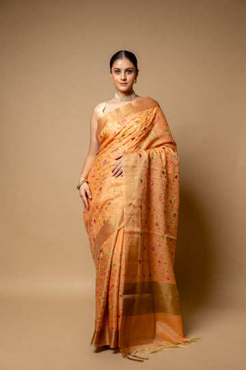 Peach Banarasi Woven Zari & Threadwork Cotton Saree With Unstitched Blouse