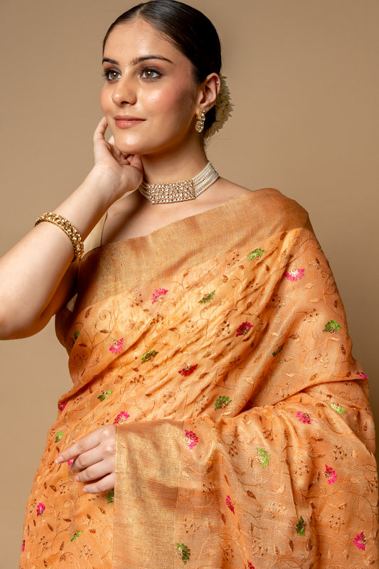 Peach Banarasi Woven Zari & Threadwork Cotton Saree With Unstitched Blouse