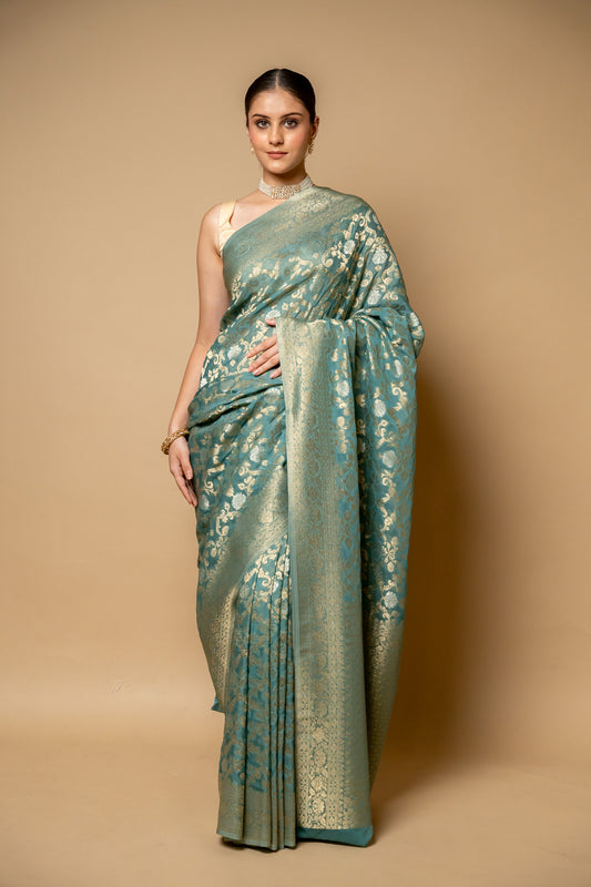 Mint Green Banarasi Woven Zari Khaddi Georgette Saree With Unstitched Blouse