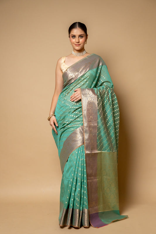Mint Green Banarasi Woven Zari Cotton Saree With Unstitched Blouse
