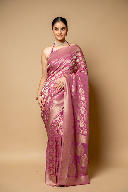 Gajari Banarasi Woven Zari Khaddi Georgette Saree With Unstitched Blouse