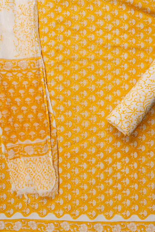 Mango Gold Floral Printed Cotton Unstitched Salwar Suit With Cotton Dupatta