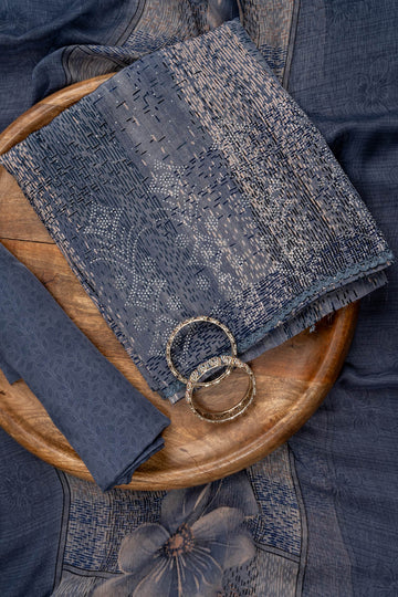 Grey Swarovski & Digital Printed Crepe Unstitched Salwar Suit With Chinon Dupatta