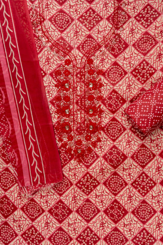 Maroon Sequence, Threadwork & Digital Printed Cotton Unstitched Salwar Suit With Cotton Dupatta