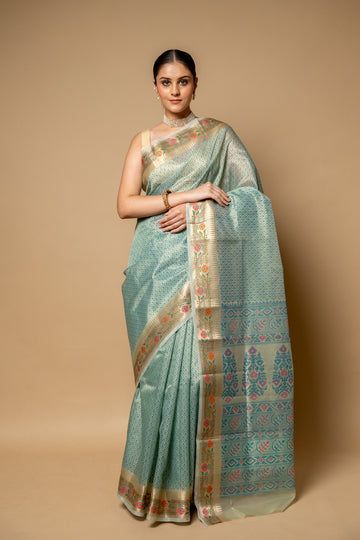 Tea Green Banarasi Woven Zari & Digital Printed Cotton Saree With Unstitched Blouse