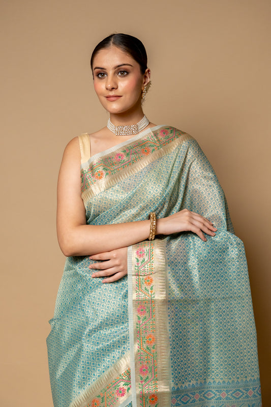 Tea Green Banarasi Woven Zari & Digital Printed Cotton Saree With Unstitched Blouse