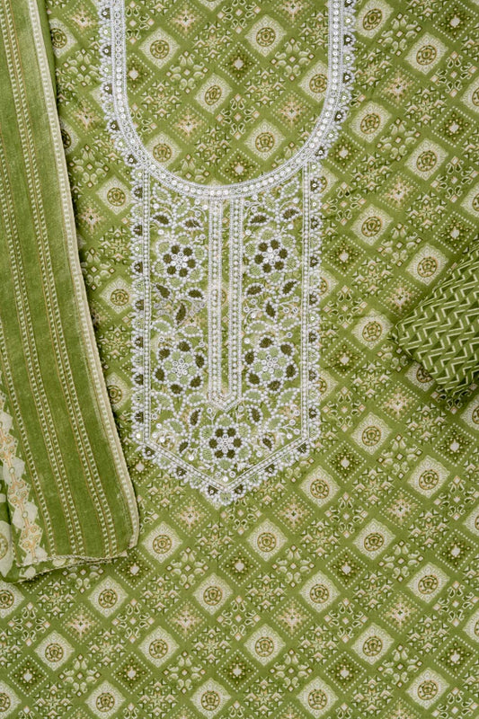 Pista Sequence, Threadwork & Digital Printed Cotton Unstitched Salwar Suit With Cotton Dupatta