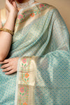 Tea Green Banarasi Woven Zari & Digital Printed Cotton Saree With Unstitched Blouse