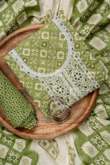 Pista Sequence, Threadwork & Digital Printed Cotton Unstitched Salwar Suit With Cotton Dupatta