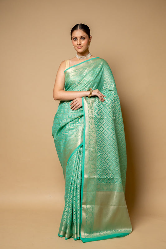 Mint Green Banarasi Woven Zari Cotton Saree With Unstitched Blouse