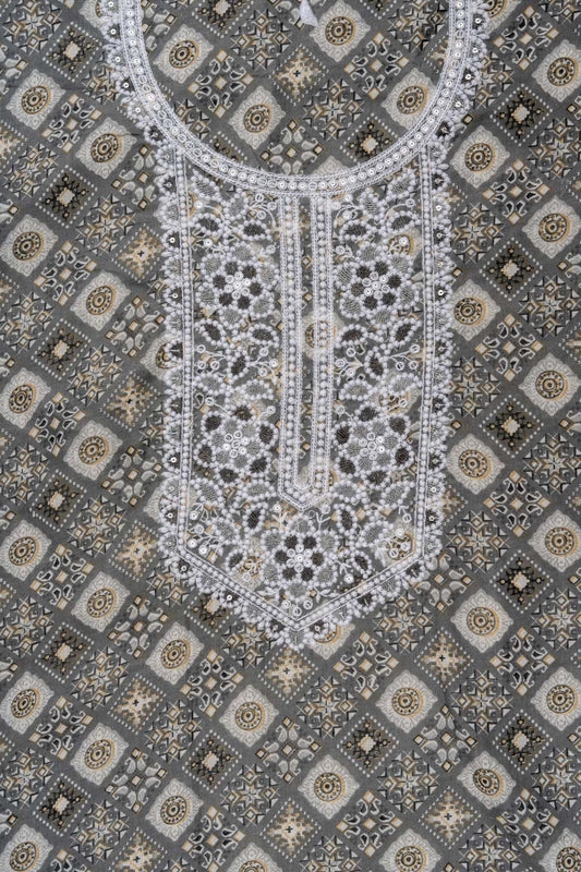 Grey Sequence, Threadwork & Digital Printed Cotton Unstitched Salwar Suit With Cotton Dupatta
