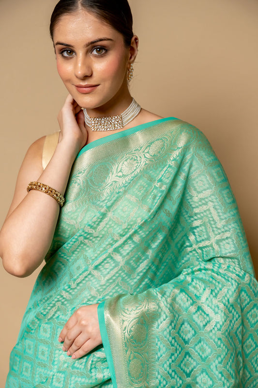 Mint Green Banarasi Woven Zari Cotton Saree With Unstitched Blouse