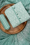Mint Green Sequence, Threadwork & Floral Printed Cotton Unstitched Salwar Suit With Cotton Dupatta