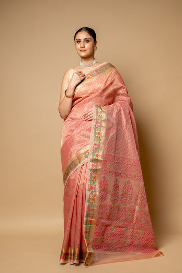 Gajari Banarasi Woven Zari & Digital Printed Cotton Saree With Unstitched Blouse