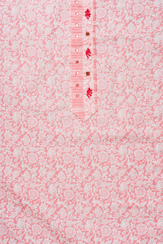 Pink Sequence, Threadwork & Floral Printed Cotton Unstitched Salwar Suit With Cotton Dupatta