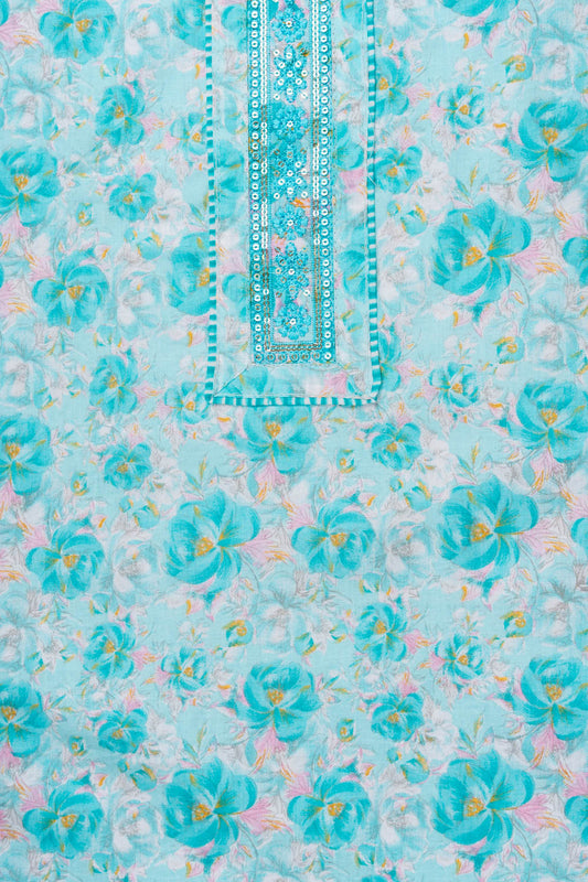 Tea Green Sequence, Threadwork & Floral Printed Cotton Unstitched Salwar Suit With Cotton Dupatta