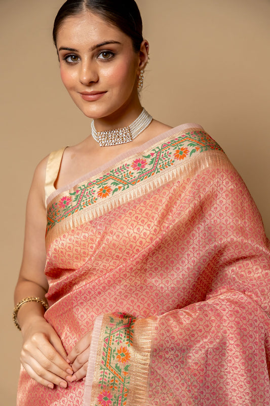 Gajari Banarasi Woven Zari & Digital Printed Cotton Saree With Unstitched Blouse