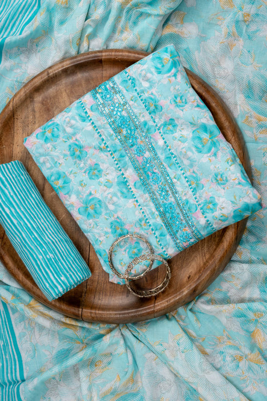 Tea Green Sequence, Threadwork & Floral Printed Cotton Unstitched Salwar Suit With Cotton Dupatta