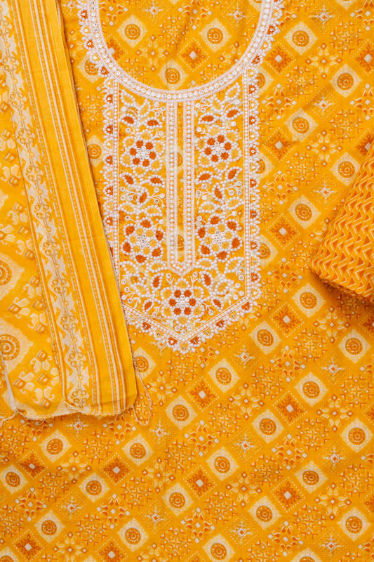 Mango Gold Sequence, Threadwork & Digital Printed Cotton Unstitched Salwar Suit With Cotton Dupatta