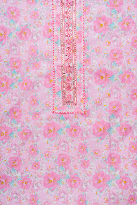 Pink Sequence, Threadwork & Floral Printed Cotton Unstitched Salwar Suit With Cotton Dupatta