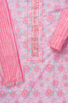 Pink Sequence, Threadwork & Floral Printed Cotton Unstitched Salwar Suit With Cotton Dupatta