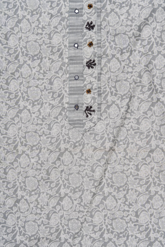 Grey Sequence, Threadwork & Floral Printed Cotton Unstitched Salwar Suit With Cotton Dupatta