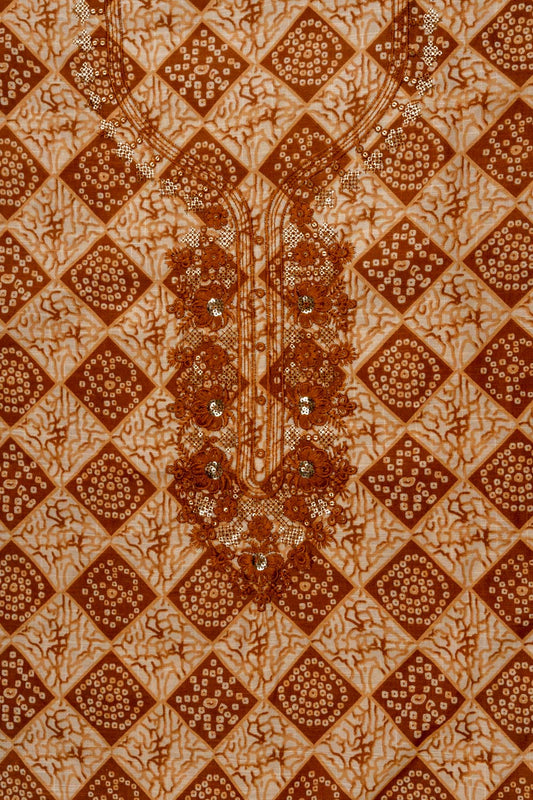 Brown Sequence, Threadwork & Digital Printed Cotton Unstitched Salwar Suit With Cotton Dupatta