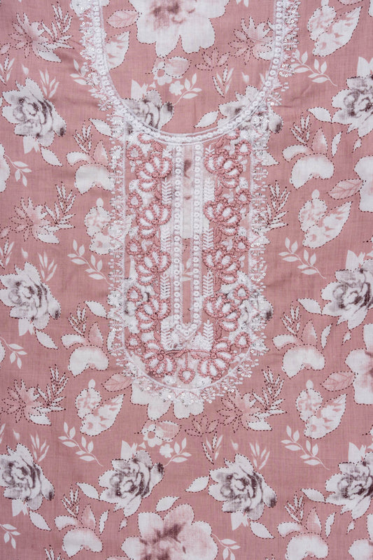 Onion Mirror Sheet, Sequence, Threadwork & Floral Printed Cotton Unstitched Salwar Suit With Cotton Dupatta