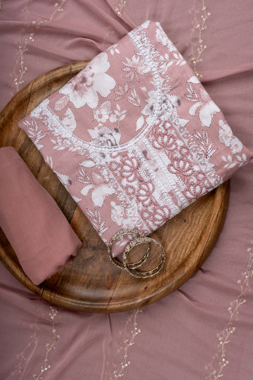 Onion Mirror Sheet, Sequence, Threadwork & Floral Printed Cotton Unstitched Salwar Suit With Cotton Dupatta