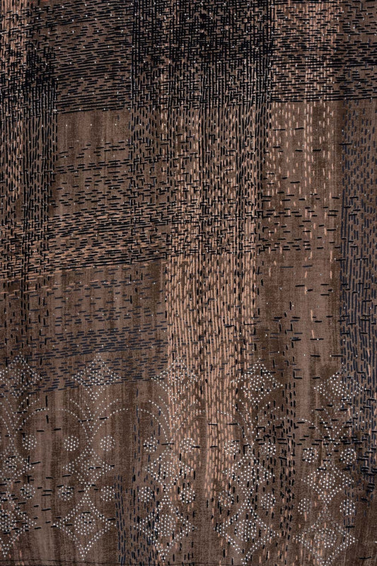 Chikoo Swarovski & Digital Printed Crepe Unstitched Salwar Suit With Chinon Dupatta