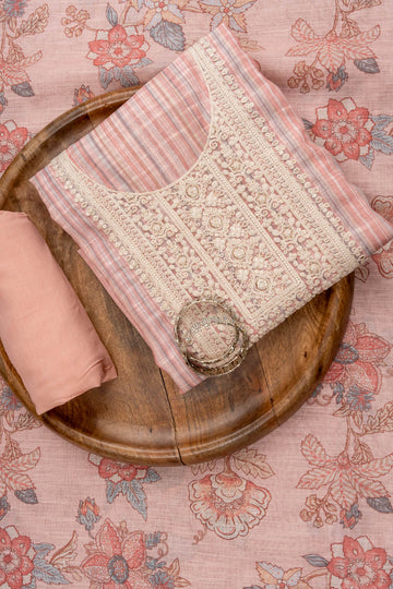 Peach Sequence, Threadwork & Digital Printed Cotton Unstitched Salwar Suit With Cotton Dupatta