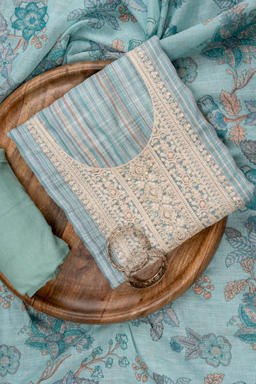 Tea Green Sequence, Threadwork & Digital Printed Cotton Unstitched Salwar Suit With Cotton Dupatta