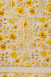 White With Lemon Gold Mirror Sheet, Sequence, Threadwork & Floral Printed Cotton Unstitched Salwar Suit With Cotton Dupatta