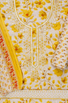 White With Lemon Gold Mirror Sheet, Sequence, Threadwork & Floral Printed Cotton Unstitched Salwar Suit With Cotton Dupatta