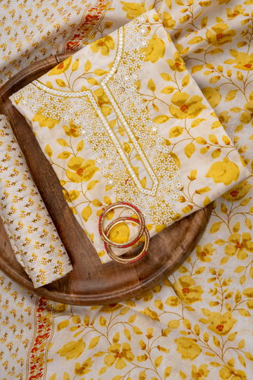 White With Lemon Gold Mirror Sheet, Sequence, Threadwork & Floral Printed Cotton Unstitched Salwar Suit With Cotton Dupatta