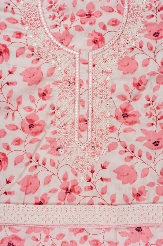 White With Peach Mirror Sheet, Sequence, Threadwork & Floral Printed Cotton Unstitched Salwar Suit With Cotton Dupatta