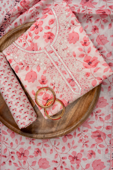 White With Peach Mirror Sheet, Sequence, Threadwork & Floral Printed Cotton Unstitched Salwar Suit With Cotton Dupatta