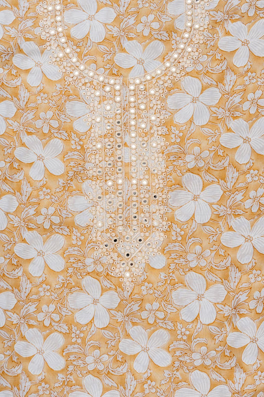 Mango Gold Sequence, Mirror Sheet, Threadwork & Floral Printed Cotton Unstitched Salwar Suit With Cotton Dupatta