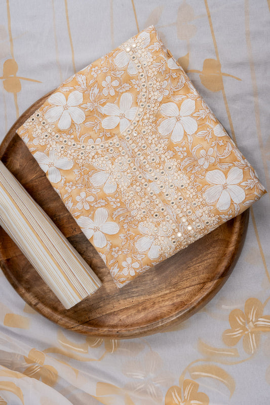 Mango Gold Sequence, Mirror Sheet, Threadwork & Floral Printed Cotton Unstitched Salwar Suit With Cotton Dupatta