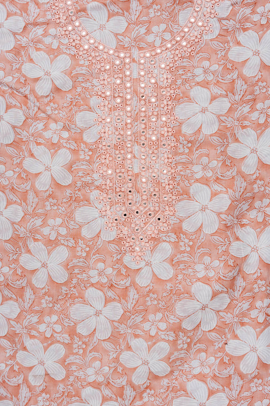 Peach Sequence, Mirror Sheet, Threadwork & Floral Printed Cotton Unstitched Salwar Suit With Cotton Dupatta