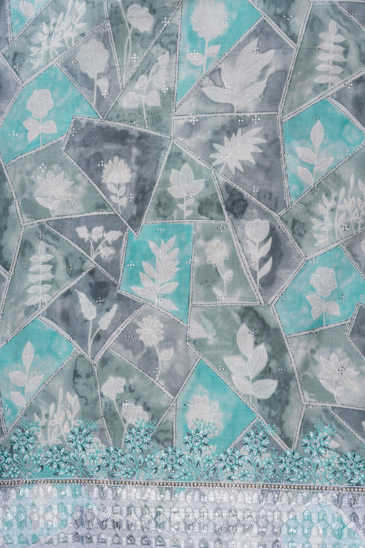 Tea Green Sequence, Threadwork & Digital Printed Cotton Unstitched Salwar Suit With Cotton Dupatta