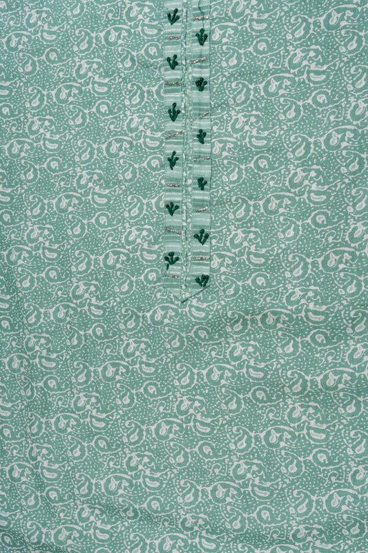 Mint Green Sequence, Threadwork & Floral Printed Cotton Unstitched Salwar Suit With Cotton Dupatta